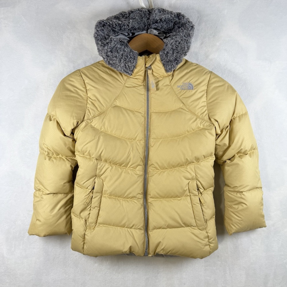 The North Face 550 Down Puffer Jacket Yellow Hooded Full Zip Kids Size 6